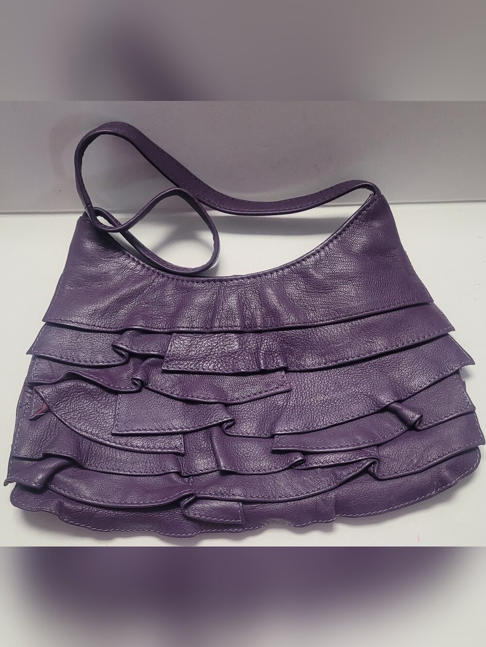 Purple Leather Ruffle Shoulder Bag - Picture 2 of 7